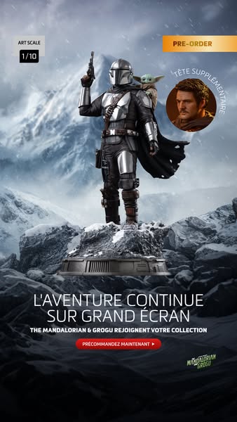 This ad is for a Mandalorian and Grogu collectible statue. It has a pre-order offer and shows the high level of artistry
