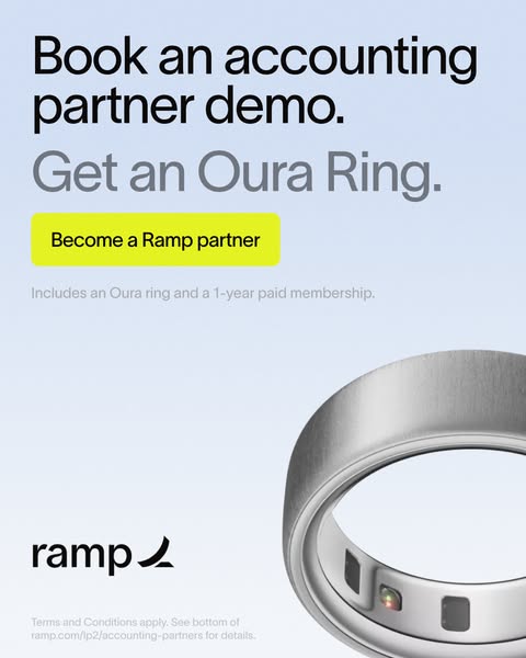 Ramp is offering a free Oura Ring and a 1-year paid membership for becoming a Ramp partner. Book an accounting partner d