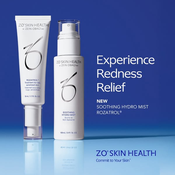 An ad for ZO Skin Health's Rozatrol line, which features Rozatrol Treatment for red, sensitized skin and Soothing Hy