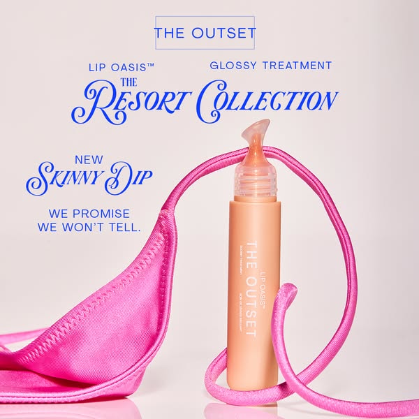 This image ad for The Outset showcases their Lip Oasis Glossy Treatment in the new Skinny Dip shade. The product is pres