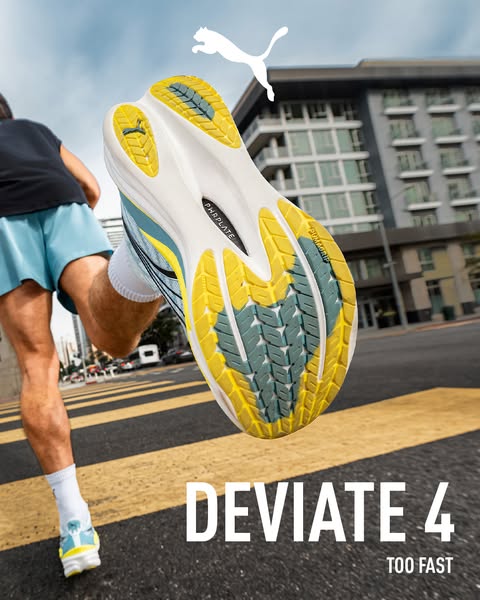 This ad features the Puma Deviate 4 running shoes. The image shows a person running in the street wearing the shoes. The