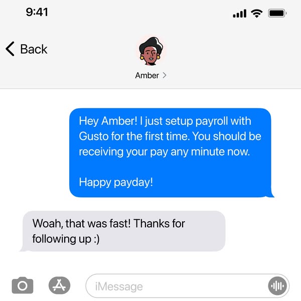 This ad shows a screenshot of an iMessage conversation where one person is telling another that they just set up payroll