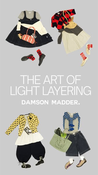 This ad features a flatlay assortment of women's clothing, accessories, and shoes for creating layered looks, agains
