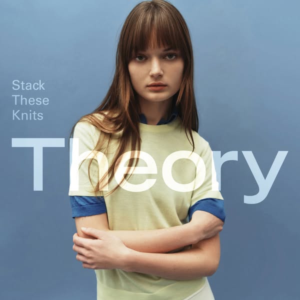 A studio-style image of a stylish young woman wearing a pastel knit top from Theory's latest collection. The ad prom