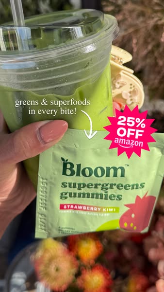 An image ad that features Bloom Nutrition Supergreens Gummies with a discount offer available on Amazon. A cup of green 