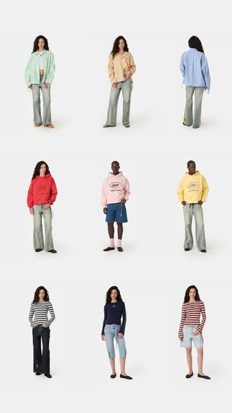 This Meta image ad presents nine different full-body shots of models wearing clothing. The models are wearing an array o