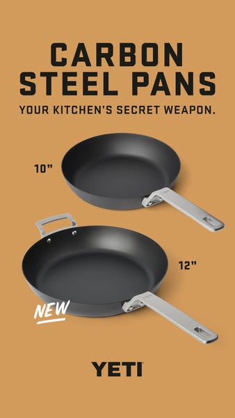 A product ad for Yeti carbon steel pans. The ad shows two sizes of the pans with a background color matching Yeti's 