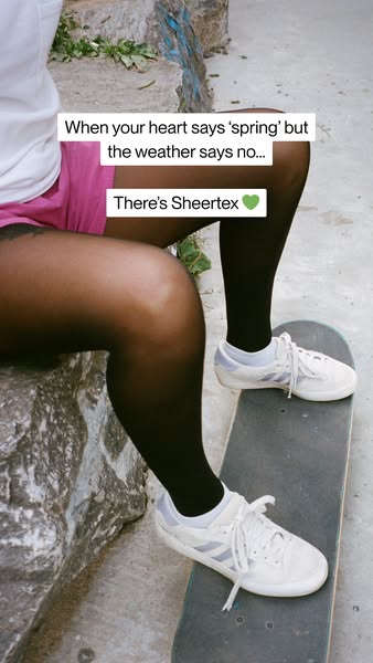 This ad features a person sitting on a ledge with their legs visible, wearing sheertex tights and white sneakers, with a