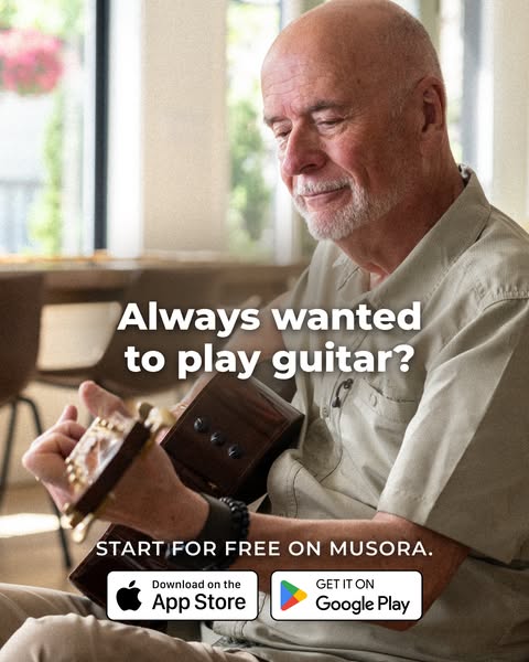 This Meta ad is for the Musora app, which teaches people how to play the guitar. An older man with a guitar is shown in 
