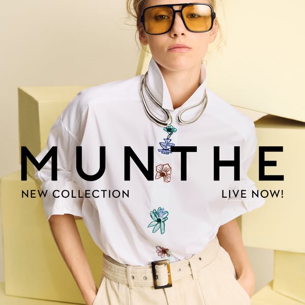 This is a still image ad for the brand Munthe, promoting their new collection. The ad features a person wearing a white 