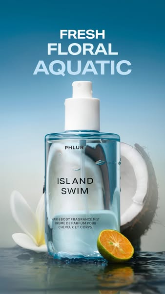 This ad showcases Phlur's Island Swim hair and body fragrance mist. The ad uses a clean and aquatic visual style.