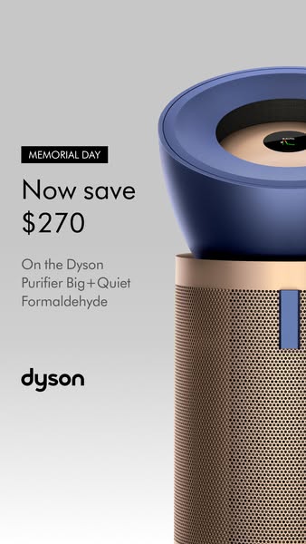 The ad shows a Dyson Purifier Big+Quiet Formaldehyde air purifier with a promotional offer for Memorial Day, providing a