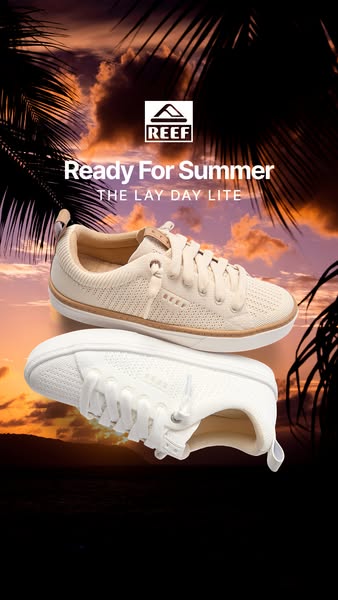 This ad showcases the Reef Lay Day Lite shoes, highlighting their design and suitability for summer. The ad features a s