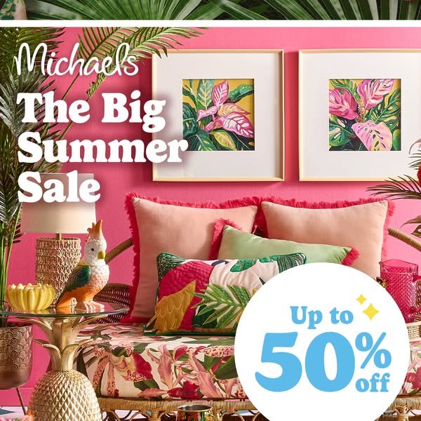 The image ad showcases a staged living room with decor items to promote Michael's Big Summer Sale with up to 50% off