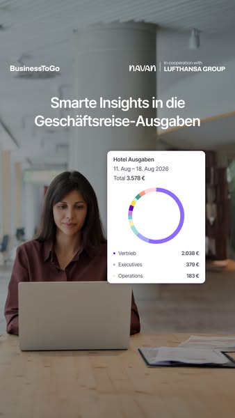 The image ad features a woman working at a laptop in a bright room. In the center is a large app screen showing a pie ch