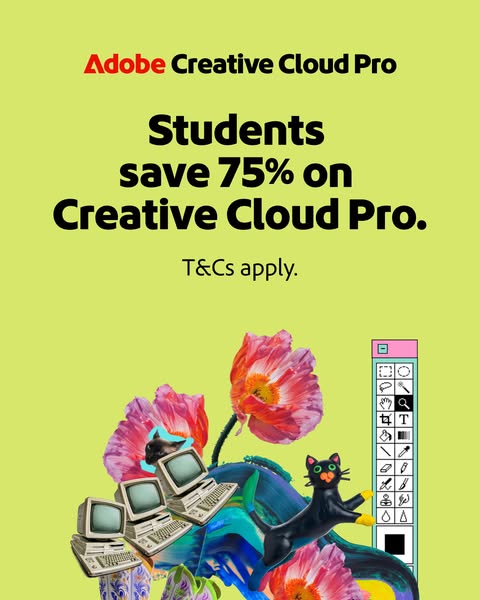 This ad for Adobe Creative Cloud Pro targets students with a 75% discount, using a surreal collage of vintage computers,