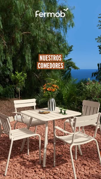 This image ad showcases Fermob outdoor furniture, particularly dining sets. It features a serene outdoor setting with a 