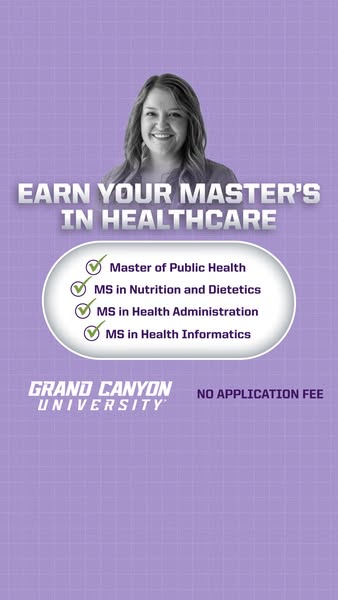 This image ad promotes Grand Canyon University's Master's degrees in healthcare, highlighting four specific prog