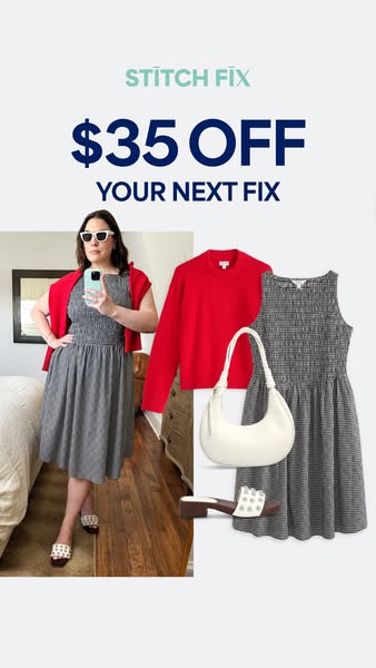 This Stitch Fix ad features a $35 off offer, and a customer trying on clothes.