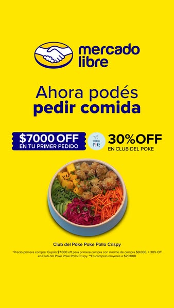 This ad promotes ordering food through Mercado Libre, highlighting discounts for first-time orders and members of Club d