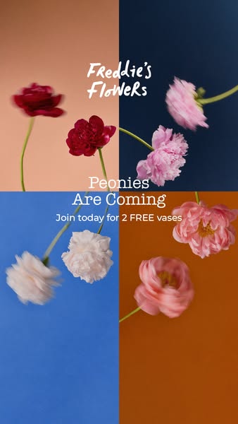 This ad for Freddie's Flowers uses a split-screen design with two different colored backgrounds, each featuring a pe
