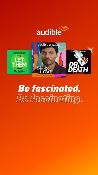 This ad for Audible promotes the availability of various audiobooks. The ad features audiobook covers against a bright o