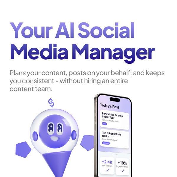 This ad showcases an AI social media manager, highlighting its ability to plan content, post on the user's behalf, a
