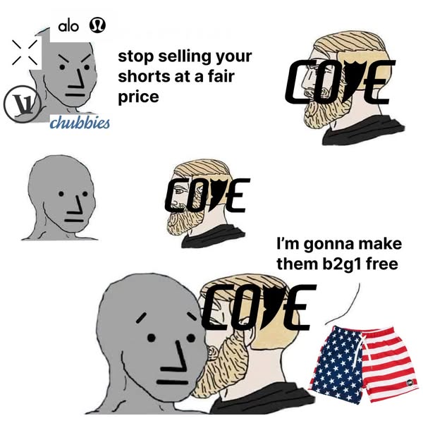 A meme that implies the featured brand's shorts are priced better than its competitors'.