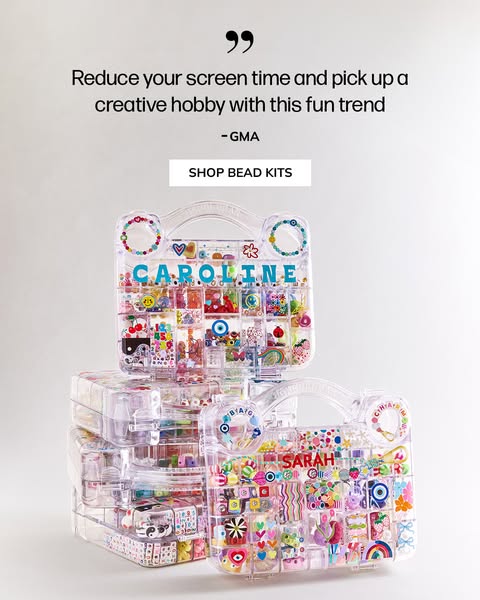 This ad highlights a bead kit, emphasizing its ability to reduce screen time and foster a creative hobby. It features st
