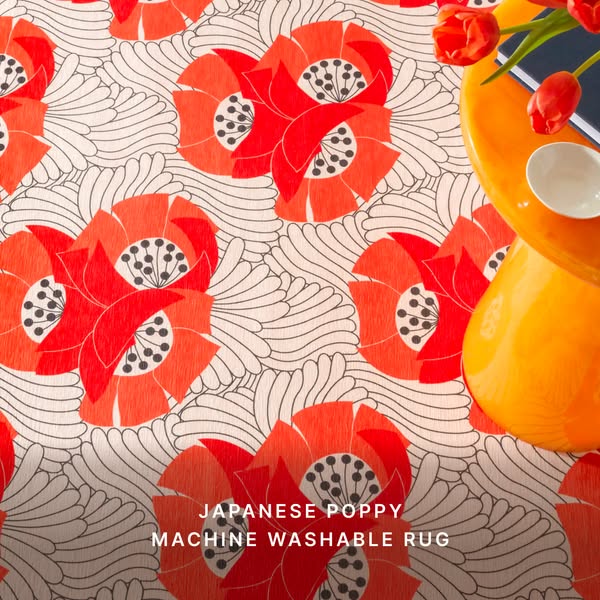 This ad promotes a machine-washable rug with a poppy pattern. The rug is presented in a lifestyle setting with a side ta