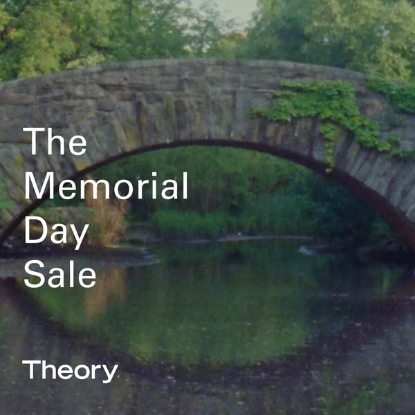 An image ad promoting a Theory Memorial Day sale, featuring a photo of a stone bridge and pond in a natural setting.