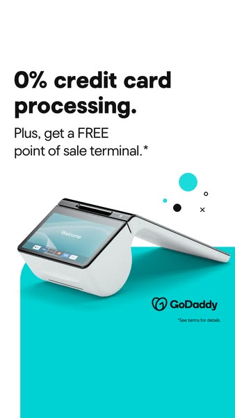 The ad promotes GoDaddy's point of sale system, highlighting 0% credit card processing and a free terminal offer.
