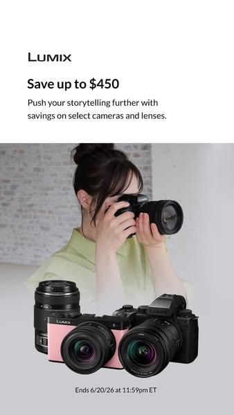 This image ad for Lumix features a woman taking a photo with a Lumix camera and promotes savings of up to $450 on select