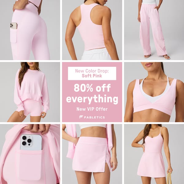 This image ad for Fabletics features a nine-image grid collage of athletic apparel in the new 'Soft Pink' color 