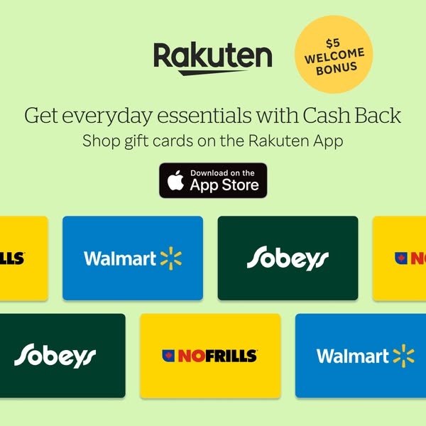 This ad promotes Rakuten as a way to earn cash back on everyday essentials by shopping for gift cards on the Rakuten app