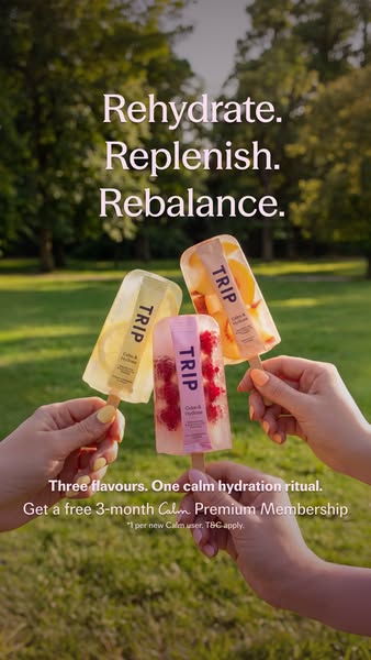 This image ad for TRIP promotes a sense of calm and wellness through its hydration beverages, highlighting different fla