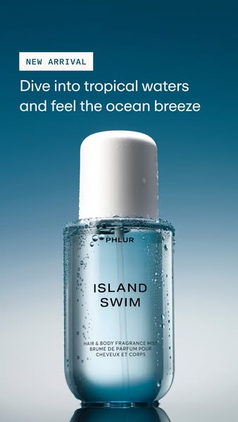 This image ad for PHLUR's Island Swim scent uses a close-up shot of the bottle against a gradient blue background to