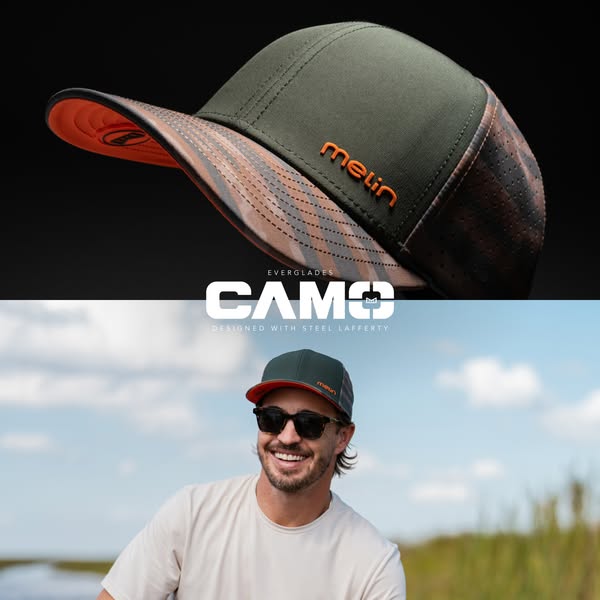 This image ad showcases a melin brand hat as part of the Everglades CAMO series, featuring a collaborative design by Ste