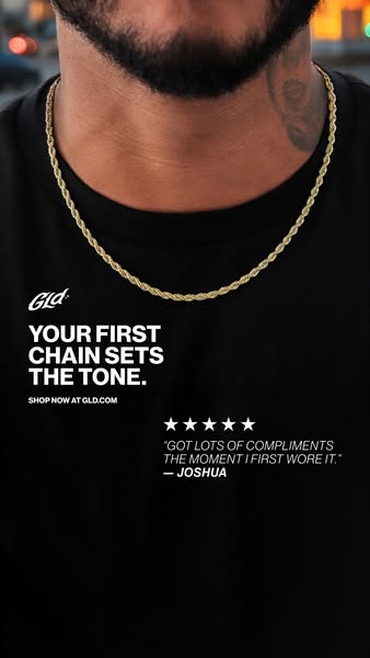 This image ad for GLD features a gold chain necklace worn by a man, along with a customer testimonial and star rating.
