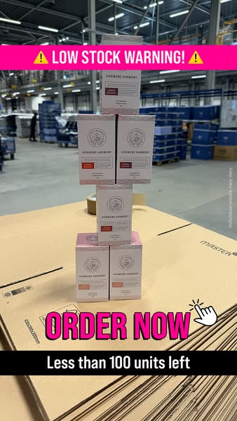 This ad for Hormone Harmony features a tower of the product boxes and copy noting low stock and urging viewers to order 