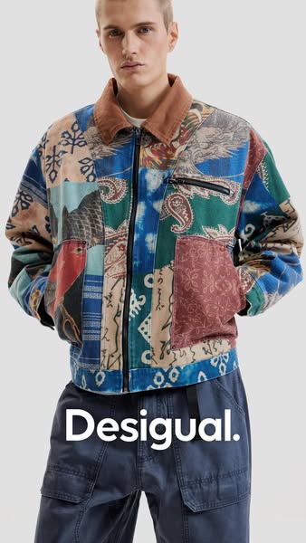 This ad features a man wearing a patchwork jacket and blue pants.