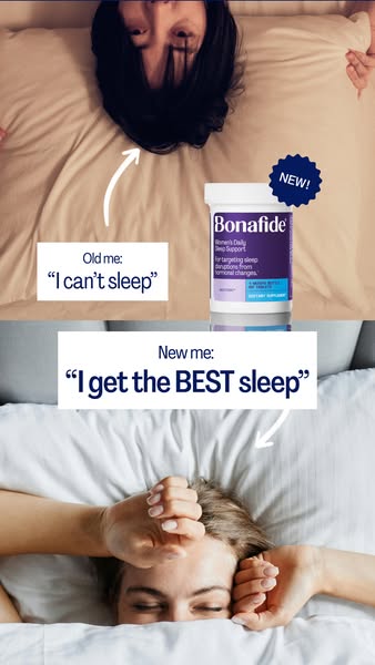 This ad uses a split-screen technique to show the contrast between a woman's sleep quality before and after using Bo