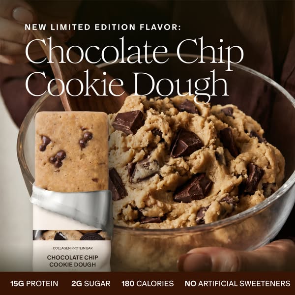 An ad showcasing a new limited edition flavor of a collagen protein bar, chocolate chip cookie dough. The ad highlights 