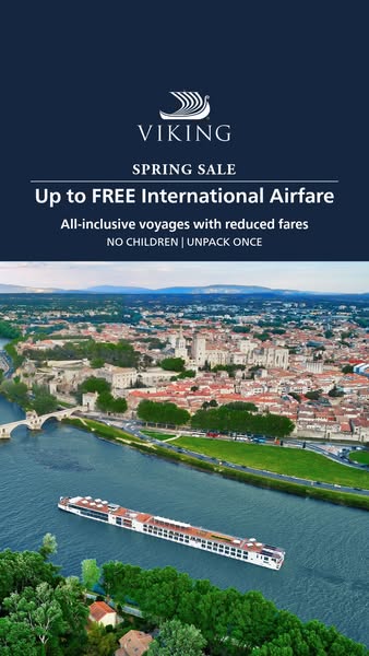 This image ad from Viking promotes their spring sale that includes free international airfare. The ad is visually split