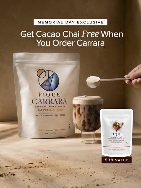 The ad promotes Pique Carrara Marine Collagen Peptides and is offering a free Cacao Chai with every order of Carrara. Th