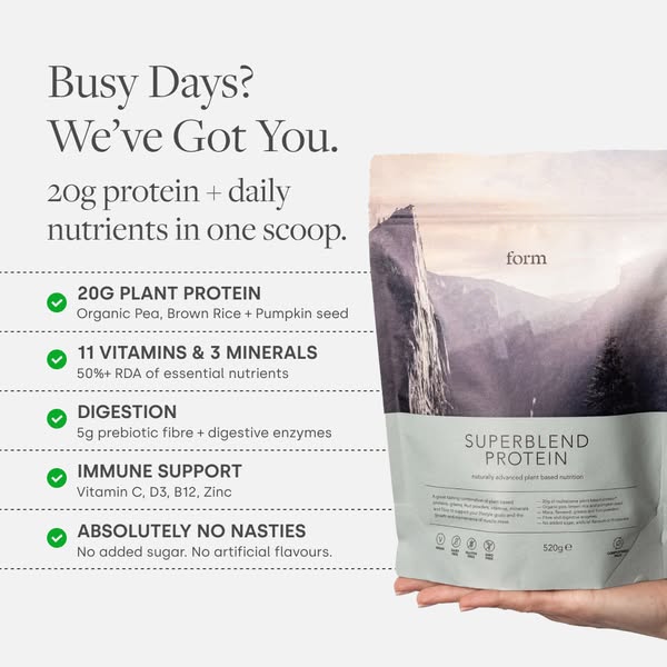 The ad showcases a plant-based protein powder, emphasizing its health benefits and convenience for busy days. It feature