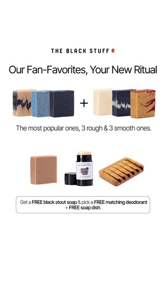 This ad for The Black Stuff features a variety of their soaps and deodorant. It highlights the brand's fan favorites