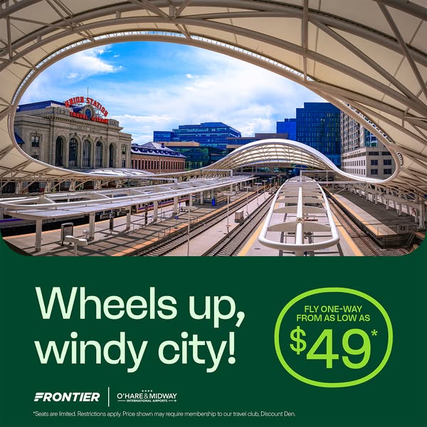 This image ad for Frontier promotes one-way flights to Chicago from as low as $49. The background image is an indoor sho