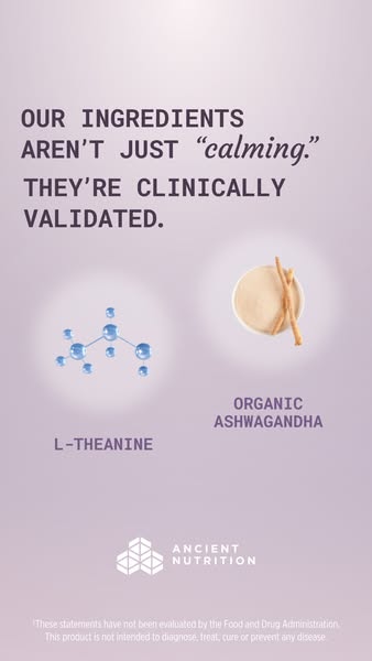 This ad calls out ingredients in Ancient Nutrition products. It focuses on L-Theanine and Organic Ashwagandha, emphasizi