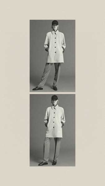 The ad is a monochromatic showcase of a long jacket and matching trousers. The image is split into two, showing the same